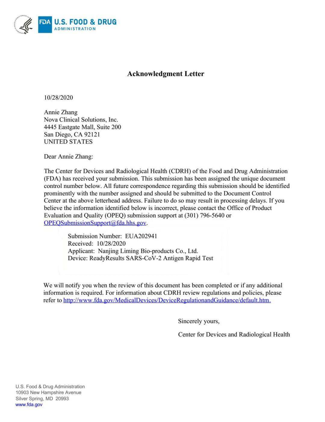 US FDA EUA acceptance letter