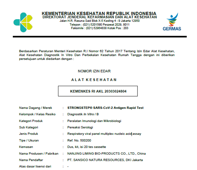 Indonesian registration certificate of  SARS-CoV-2 Antigen Rapid Test Kit
